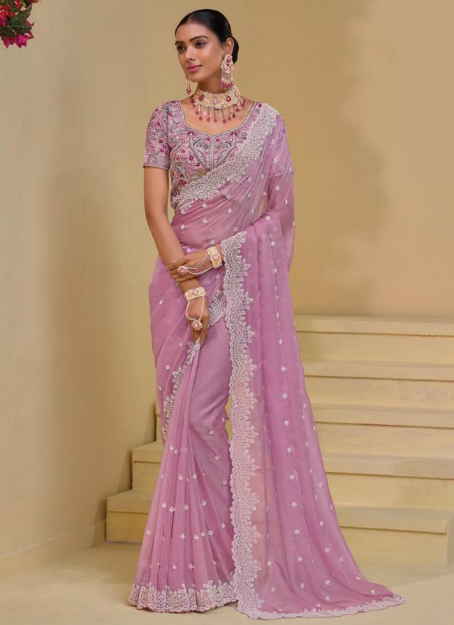 Pure Silk Pink Wedding Wear Moti Work Saree